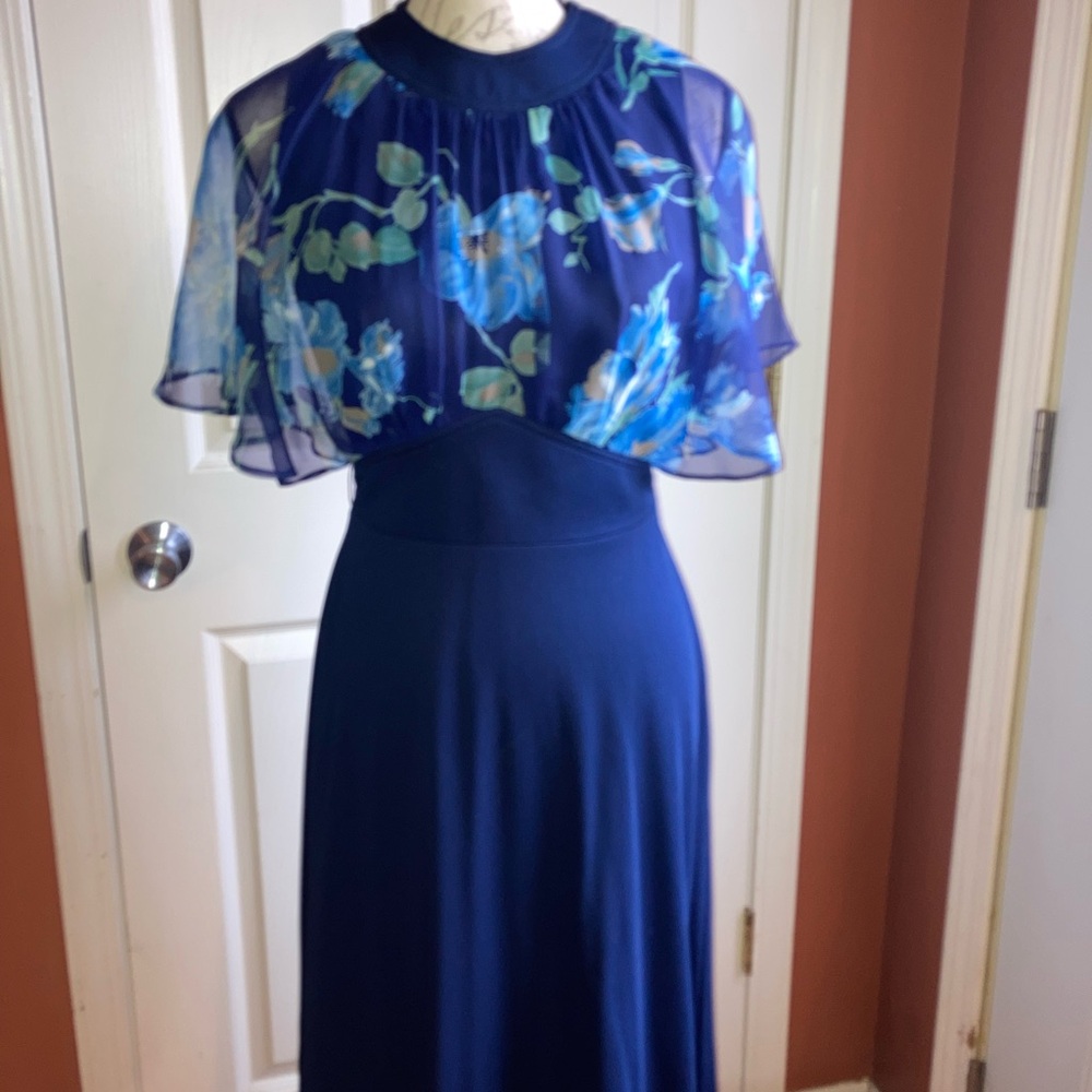 Vintage 70s Flutter Sleeve High Neckline Maxi Dress Floral Navy Formal Wedding - Picture 5 of 9
